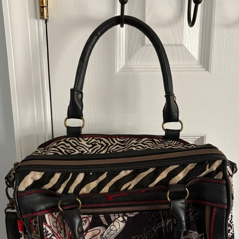 Desigual Black Satchel Red & White Floral Detail Top Handle w. Crossbody Strap